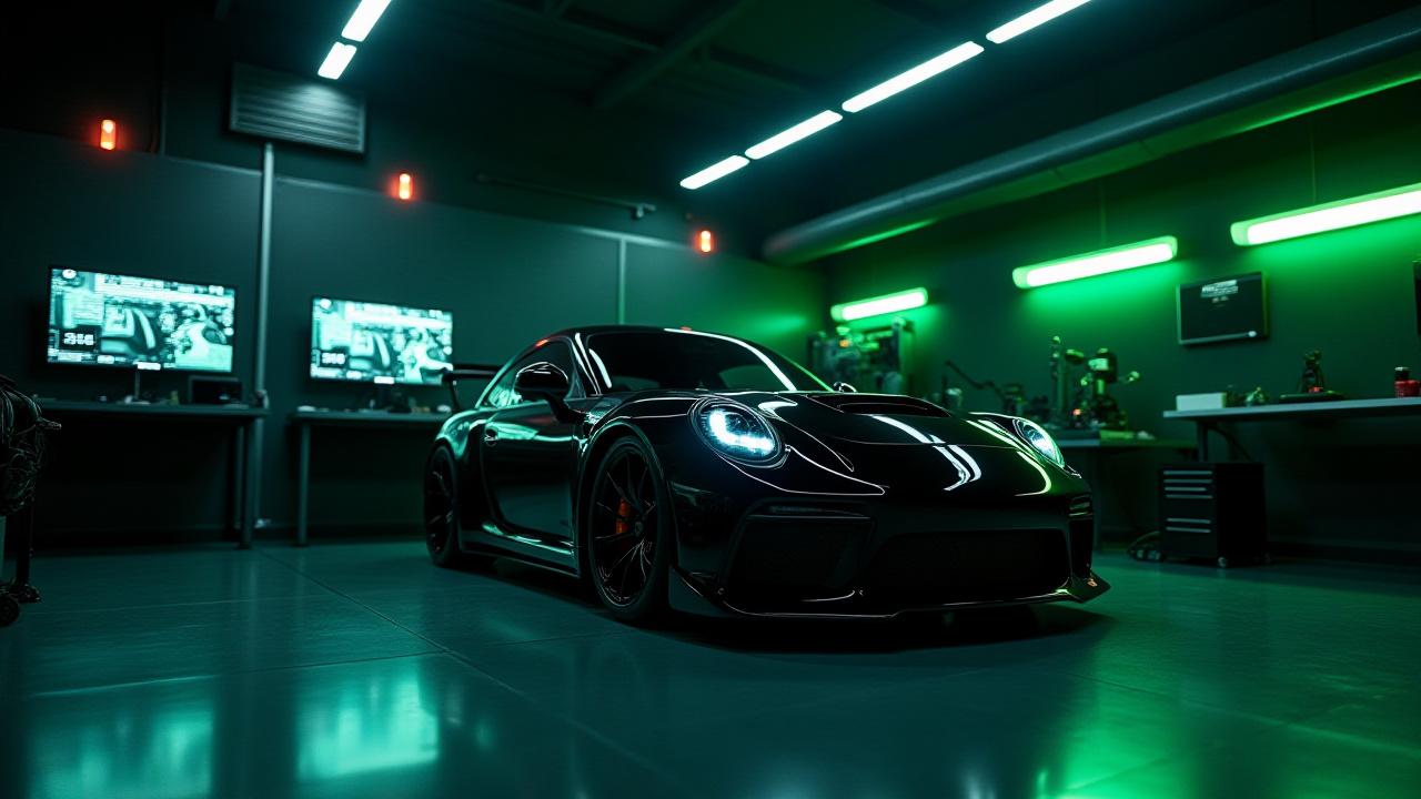 Isang high-performance na sasakyan sa loob ng isang moderno at high-tech na tuning studio na may kumikinang na mga ilaw na berde