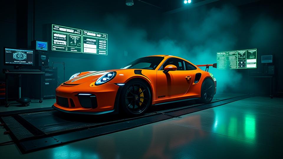 Isang sasakyan na nasa dynamometer, sumasailalim sa performance testing